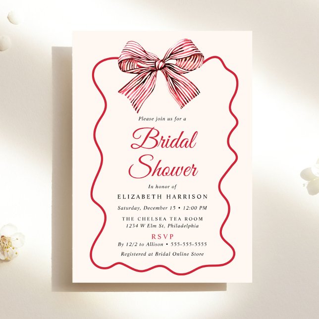 Röd randig kokett slinga bröllopsdusch inbjudningar (Red Striped Coquette Bow Bridal Shower Invitation
)