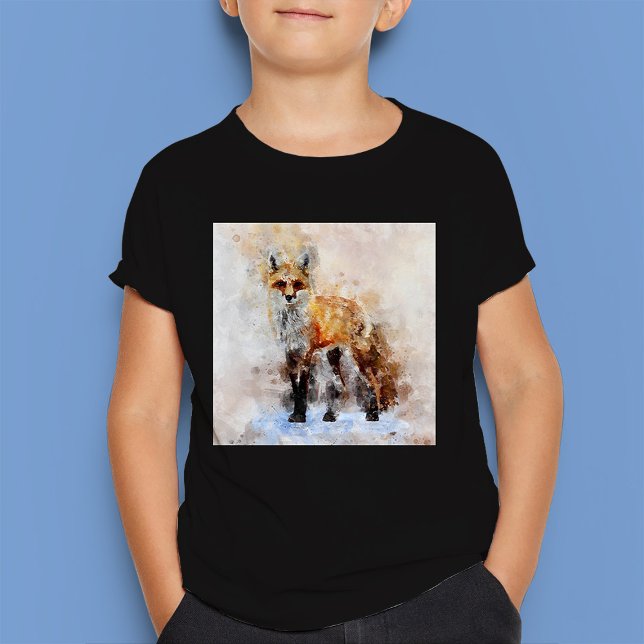 Röd Räv Akvarellporträtt 02 T Shirt (Red Fox Watercolor Portrait 02. Boy Basic Black T-Shirt)