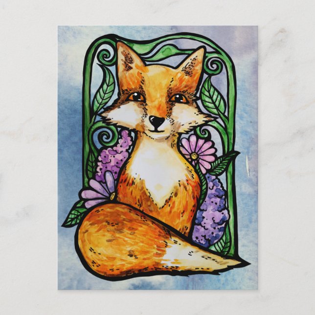 Röd Räv Blommig Naturkonst Vykort (Framsida)