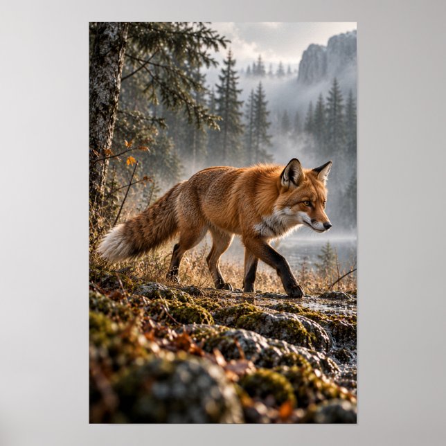 Röd Räv Går Genom Dimmig Bergsskog Poster (Framsidan)