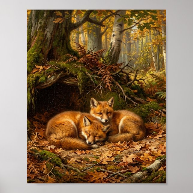 Röd Räv Höst Ljung Skogsmark Ungar II Poster (Framsidan)
