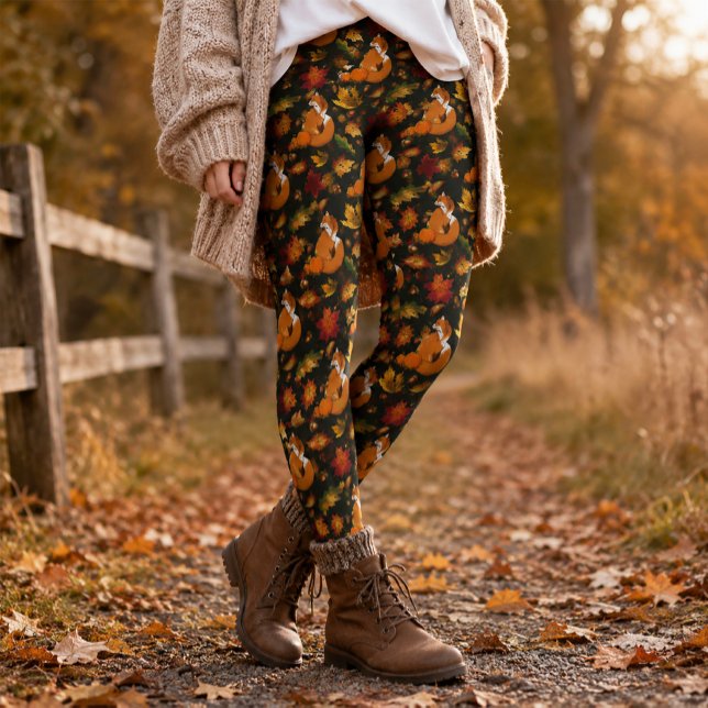Röd Räv Höstblad Ekollon Grön Mönster Leggings (Skapare uppladdad)