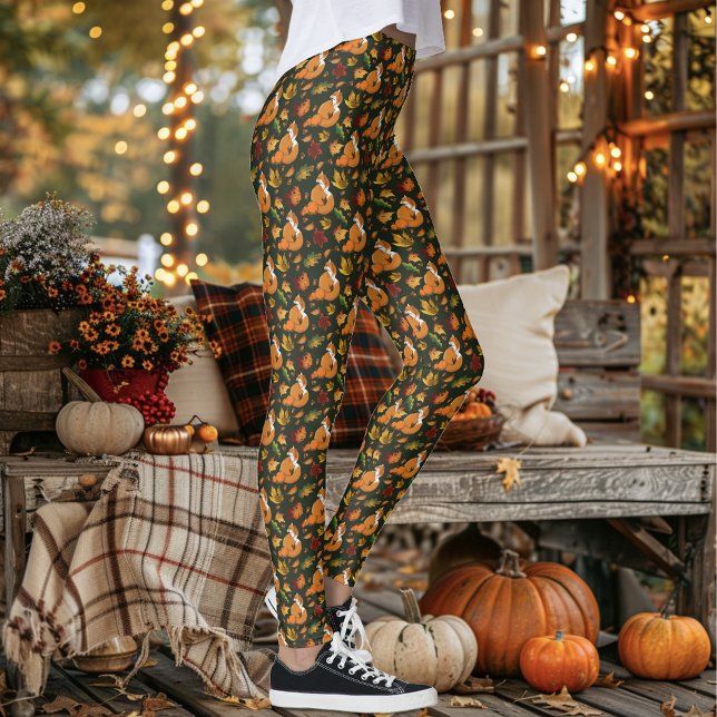 Röd Räv Höstblad Ekollon Grön Mönster Leggings (Skapare uppladdad)
