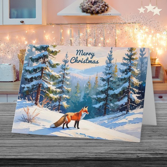 Röd Räv i Snö Vinterlandskap God Jul Helgkort (A Christmas card with illustration of a beautiful red fox in a snow scene with evergreen trees)