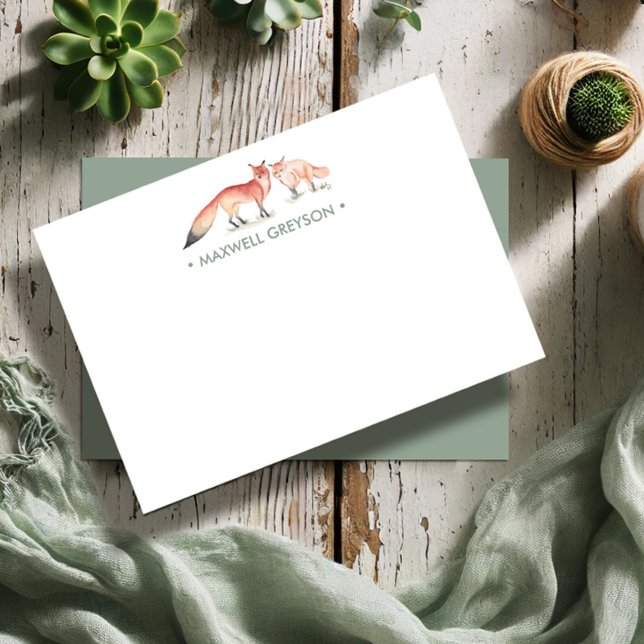 Röd räv Personlig brevpapper Små Anteckningskort (Custom notecards feature watercolor foxes by Victoria Grigaliunas Do Tell A Belle)