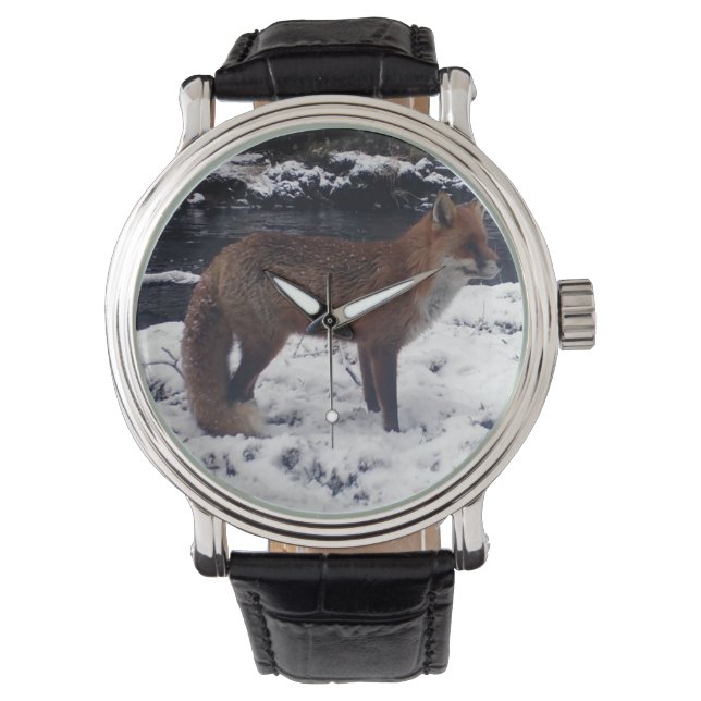 Röd Räv Snöig Skogsmark Vilda Djur Skogsdjur Konst Armbandsur (Framsida)