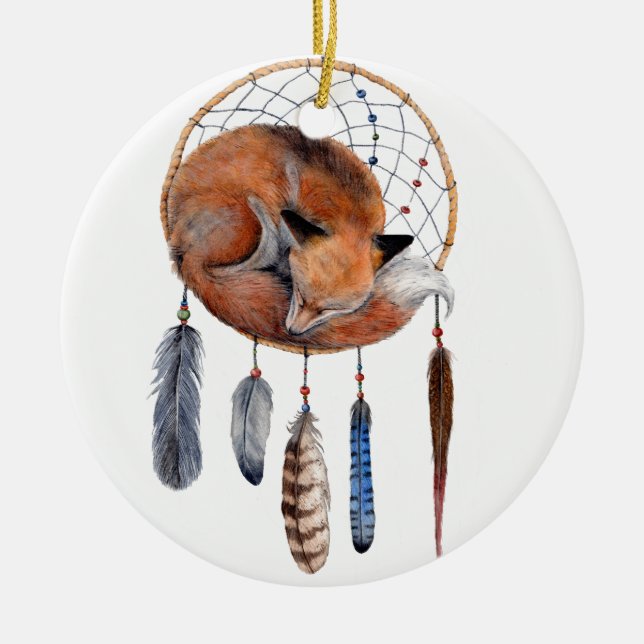 Röd räv som sovar på Dreamcatcher Julgransprydnad Keramik (Framsidan)