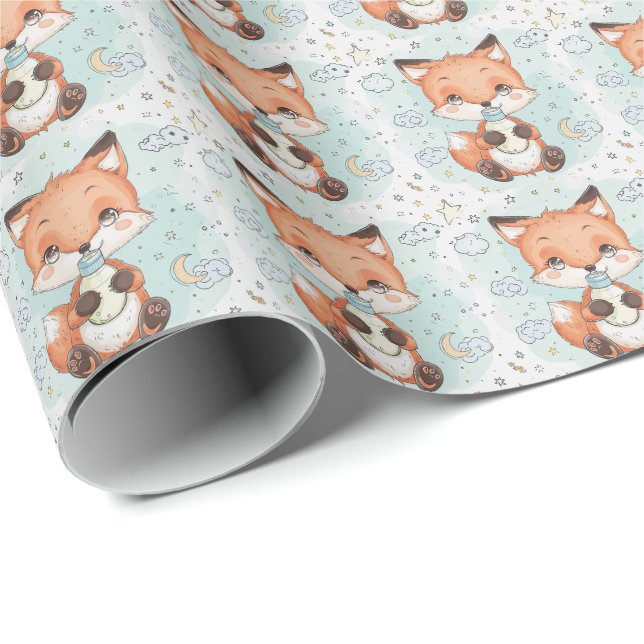Röd räv söt baby pastell vattenfärg mönster  presentpapper (Rullad Hörn)