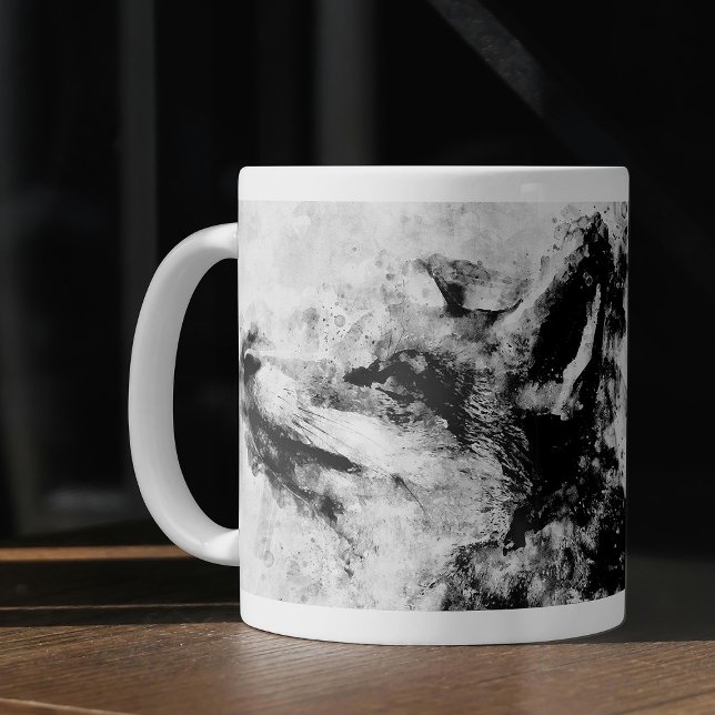 Röd Räv Svart och Vitt Akvarell 01 Kaffemugg (Red Fox Black and White Watercolor 01. Coffee Mug)