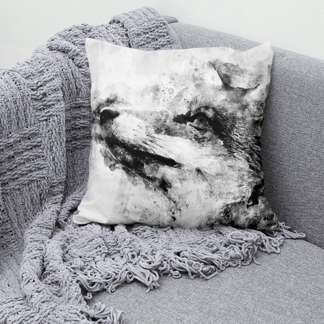 Röd Räv Svart och Vitt Akvarell 01 Kudde (Red Fox Black and White Watercolor 01. Throw Pillow)