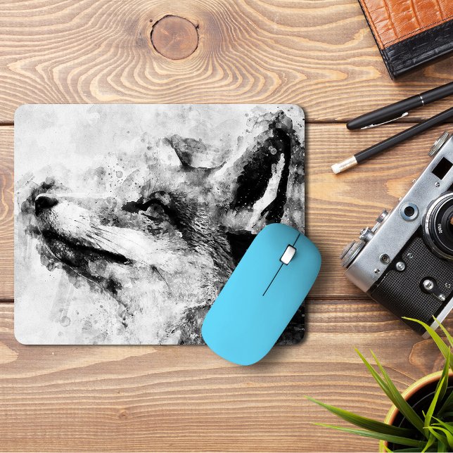 Röd Räv Svart och Vitt Akvarell 01 Musmatta (Red Fox Black and White Watercolor 01. Mouse Pad)