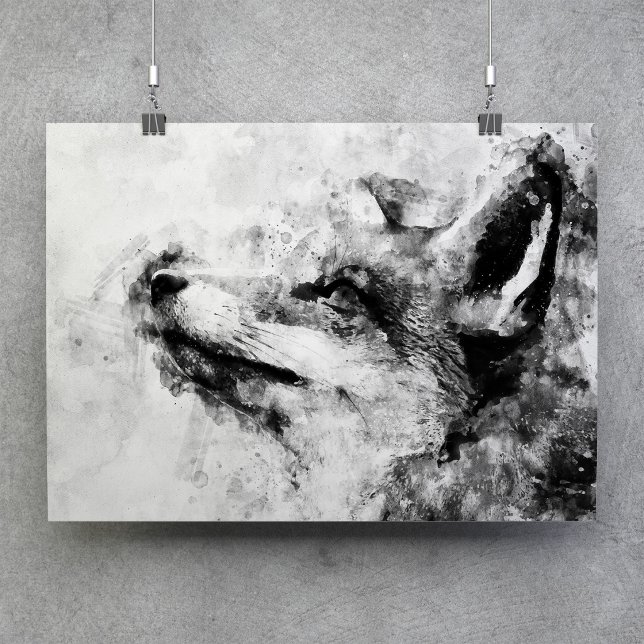 Röd Räv Svart och Vitt Akvarell 01 Poster (Red Fox Black and White Watercolor 01. Poster)
