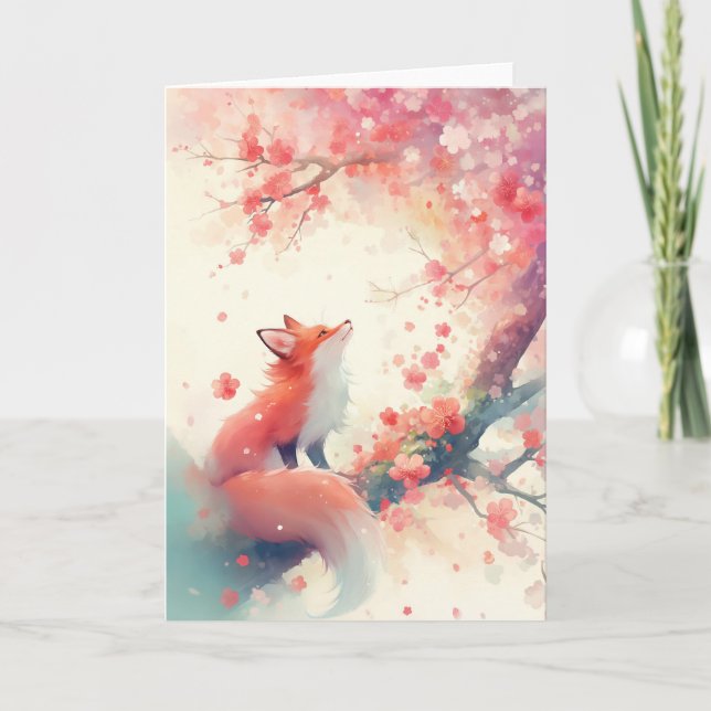 Röd Rävröda Körsbärsblomstrande Träd Kort (Framsida)