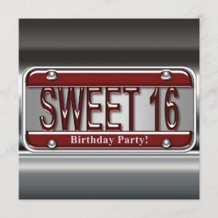 Röd registreringsskylt Sweet Sixteen-fest Inbjudningar