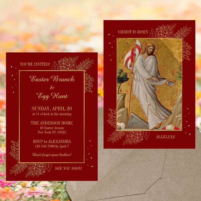 Röd Religiösa Han har stigit till Påsk Brunch Egg  Inbjudningar (Religious Christian Catholic He is risen Jesus Christ Resurrection Easter Brunch Egg Hunt Invitation)