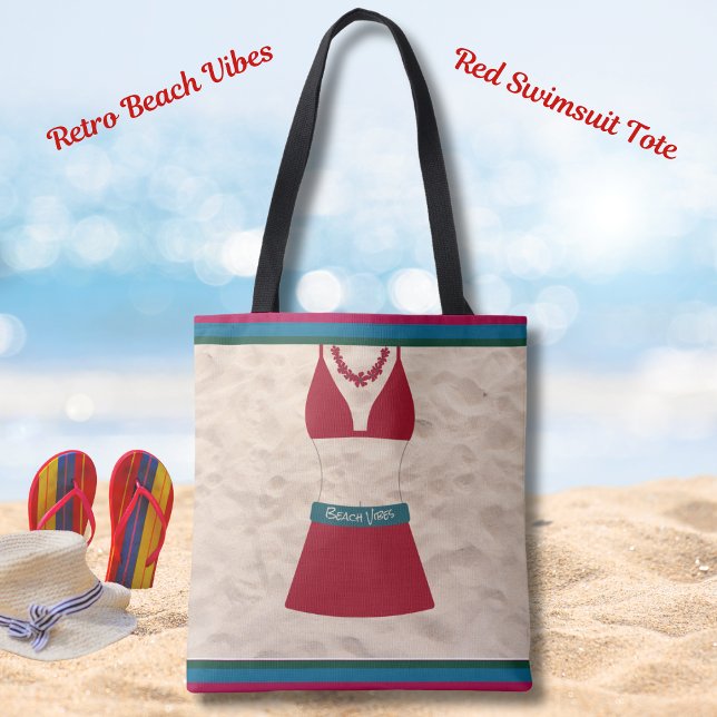 Röd Retro Chic Simdräkt Beach Vibes Tote Bag Tygkasse (Red Retro Chic Swimsuit Beach Vibes Tote)