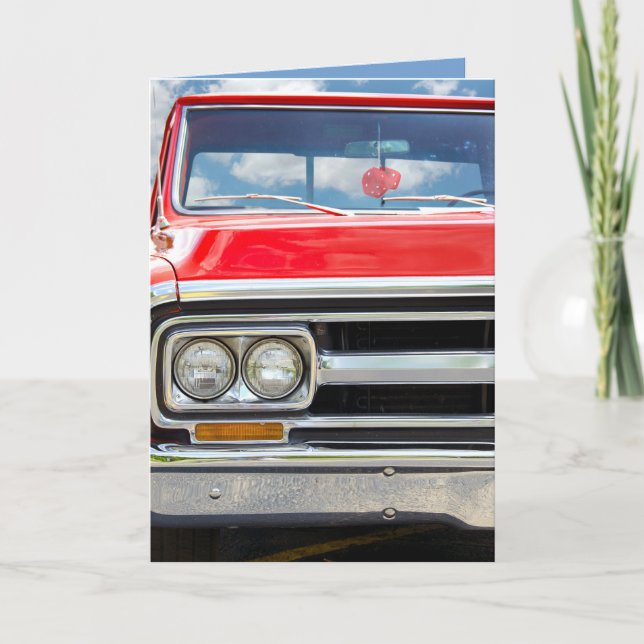 röd retro lastbil med luddig tärning kort (Framsida)