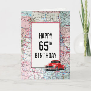 Röd retro lastbil på karta för 65-årsdag kort