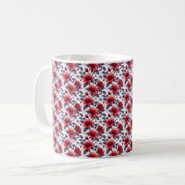 Röd Retro Söt Vintage Elegant Chic Blomma Kaffemugg (Framsida vänster)