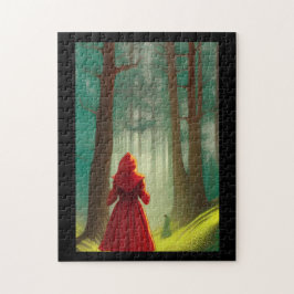 Röd ridande huva i kattunge röster i skogen pussel