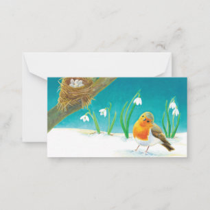 Röd Robin fågel (Erithacus rubecula) & Snödroppor Anteckningskort