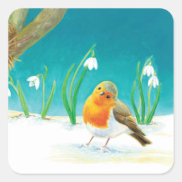Röd Robin-fågel och snödroppar Illustration Fyrkantigt Klistermärke