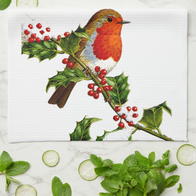 Röd Robin kökshandduk (Vikta)