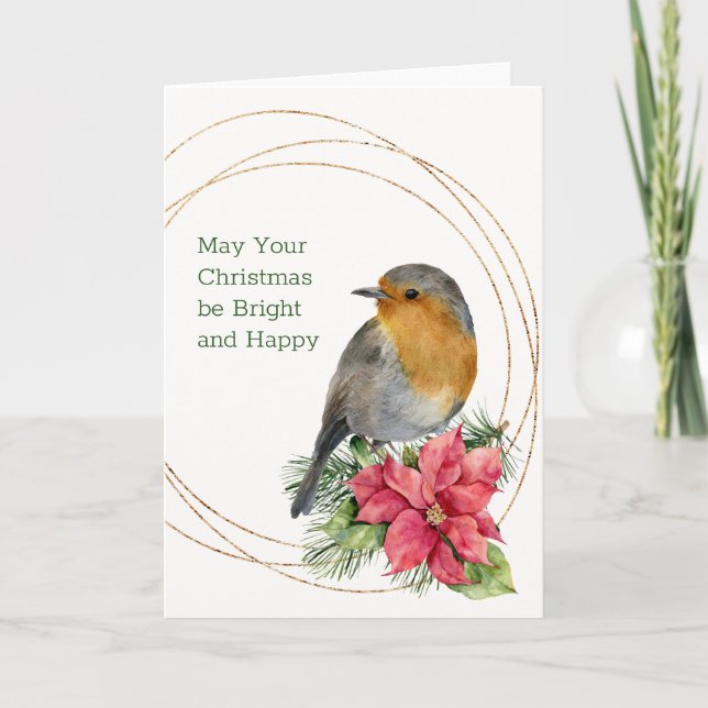 Röd robin, Poinsettia, gräs, holly jul Helgkort (Framsida)