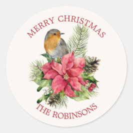 Röd robin, Poinsettia, gräs, holly jul Runt Klistermärke