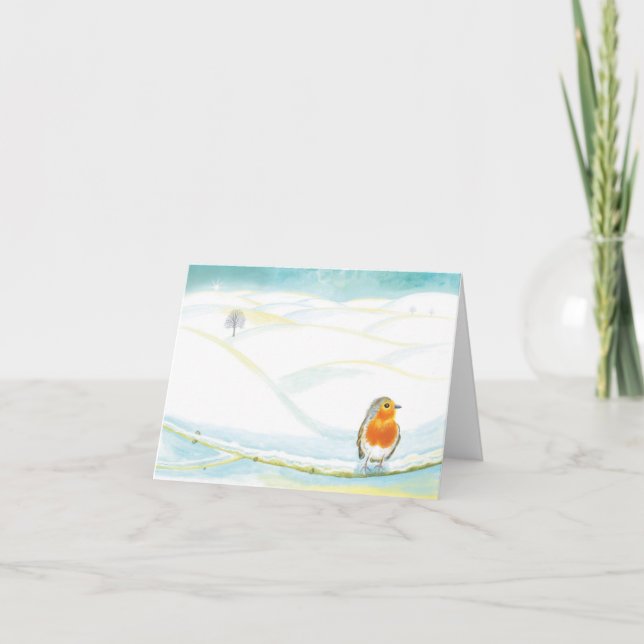 Röd Robin & Vit Vinterlandskapsillustration Helgkort (Framsida)