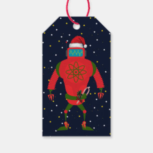 Röd robot Santa i utrymme som matchar jul Presentetikett