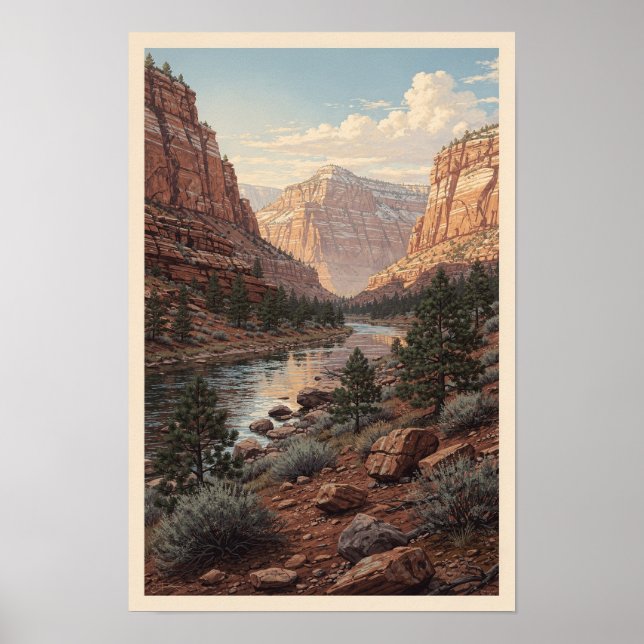 Röd Rock Canyon Flodlandskap Poster (Framsidan)