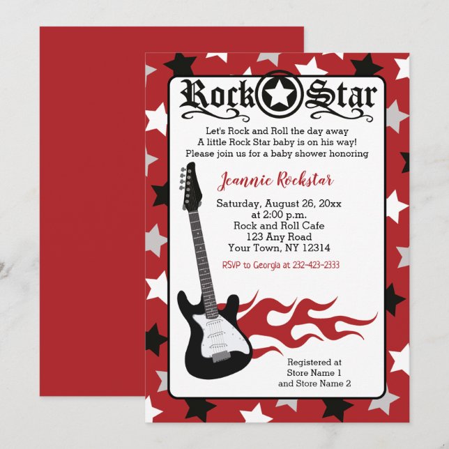 Röd Rockstjärna Gitarr Rock a Bye Dusch Inbjudning Inbjudningar (Fram/baksida)