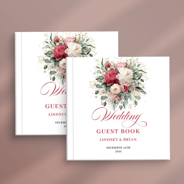 Röd rodnad blommande bröllopsgästbok tecken tack  gästböcker (Red blush floral wedding guest book sign please sign our book

)