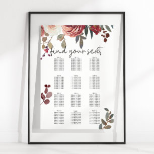 Röd Rodnad Blommiga Rosor Bröllops Sittplatskarta Poster