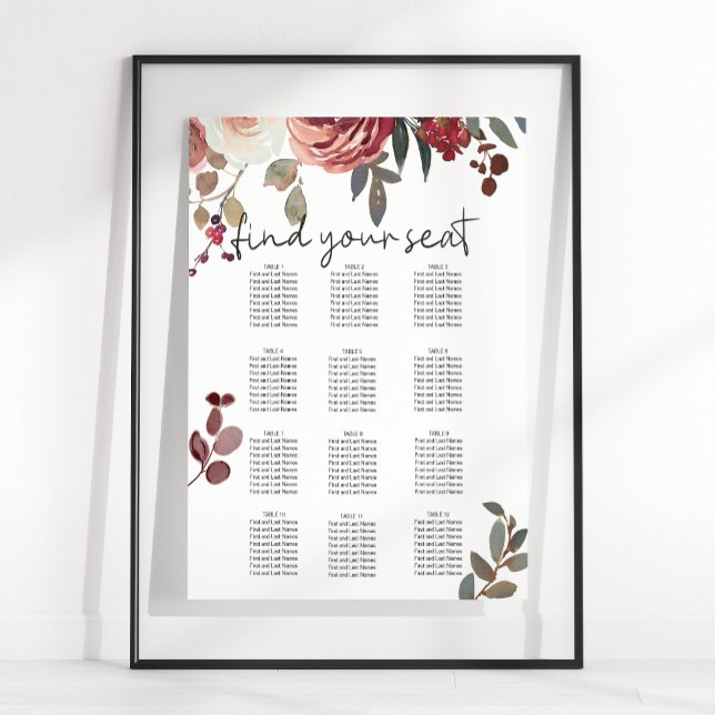Röd Rodnad Blommiga Rosor Bröllops Sittplatskarta Poster (Skapare uppladdad)
