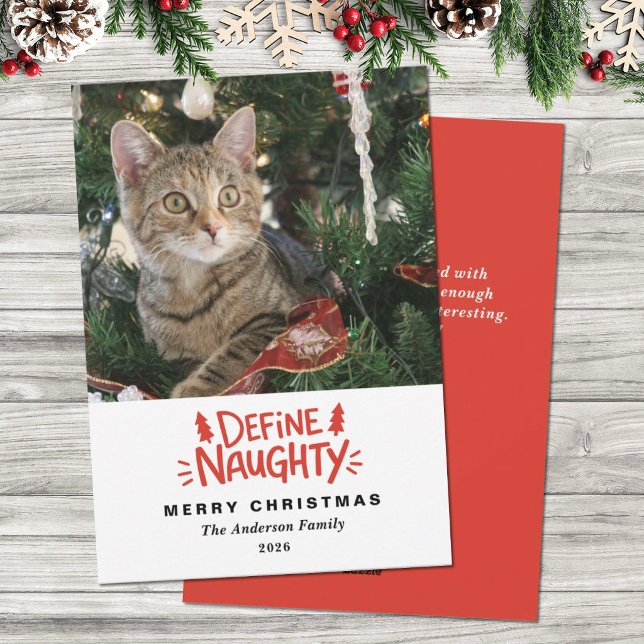Röd rolig juldjur fotohögtidskort julkort (A funny pet Christmas photo card with the words Define Naughty. Add your photo and name.)