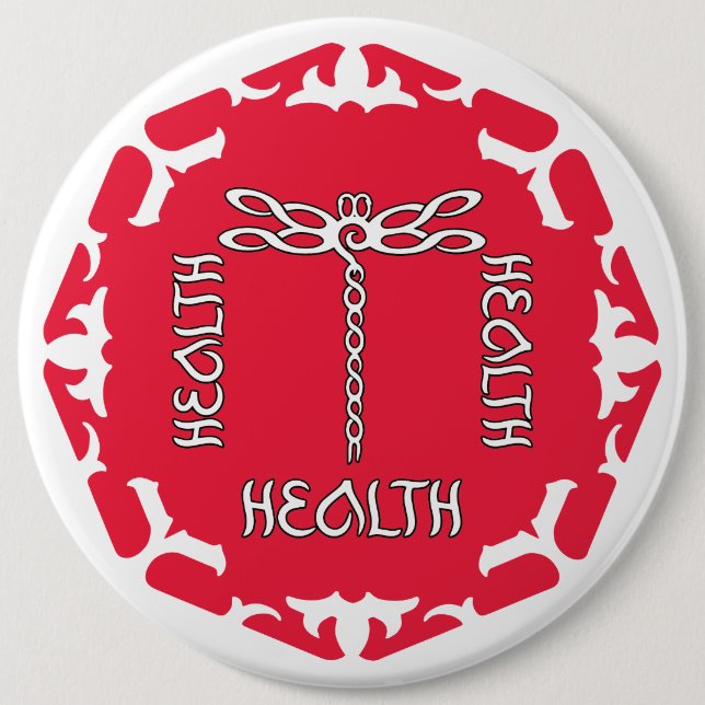 Röd Root Chakra "Hälsa" Trollslända Vit Bakgrund Knapp (Framsida)