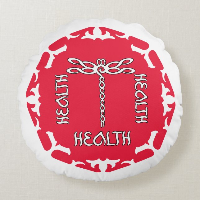 Röd Root Chakra "Hälsa" Trollslända Vit Bakgrund Rund Kudde (Framsidan)