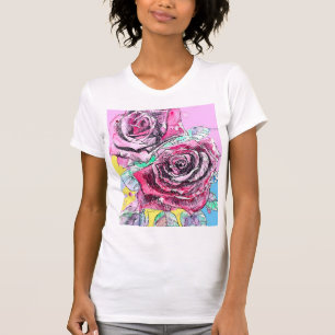 Röd Ros Akvarell Rosa Blommor Blommig Målning T Shirt