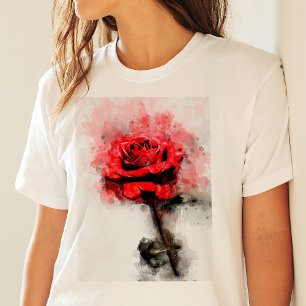 Röd Ros Akvarellkonst på Vit Bakgrund T Shirt