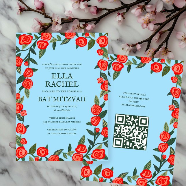 Röd ros Anpassningsbar B'nai Fladdermus Pub Mitzva Inbjudningar (Red Roses Custom B'nai Bat Bar Mitzvah QR Code Invitation
)