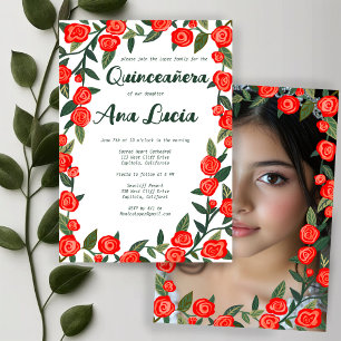 Röd ros ANPASSNINGSBAR Photo Quinceañera Inbjudningar