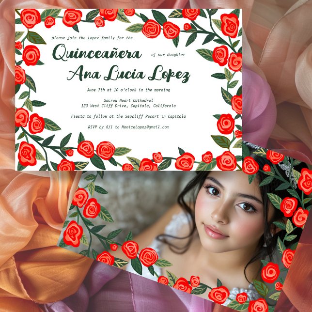 Röd ros ANPASSNINGSBAR Photo Quinceañera Inbjudningar (Red Roses CUSTOM Photo Quinceañera Invitation
)