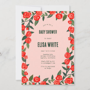 Röd ros ANPASSNINGSBAR QR-kod, BABY SHOWER Inbjudningar