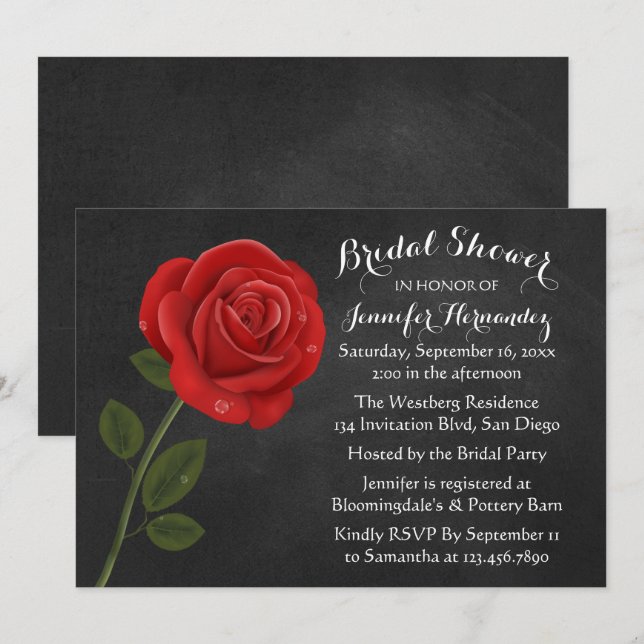 Röd ros Black Chalkboard Blommigt Möhippa Inbjudningar (Fram/baksida)