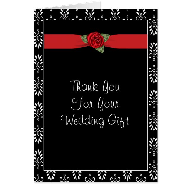 Röd ros Black Damask Wedding Tackkort Hälsningskort (Framsidan)