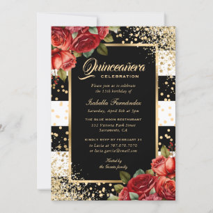 Röd ros Black Guld Elegant Blommigt Quinceañera Inbjudningar
