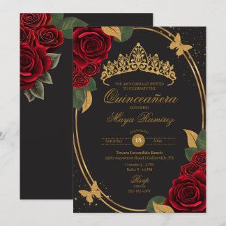 Röd ros Black Guld Glitter Butterfly Quinceañera Inbjudningar