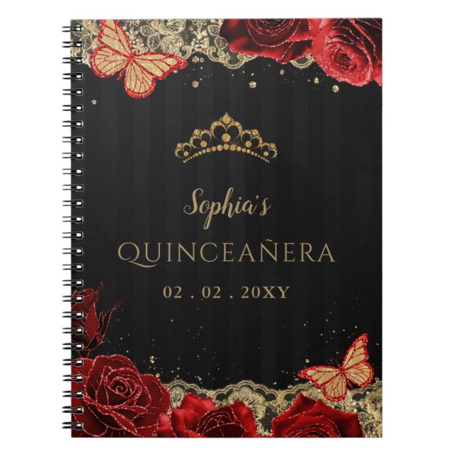 Röd ros Black Guld Snöre Quinceañera Guestbook Anteckningsbok (Framsidan)